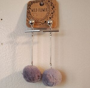 Wildflowers Silver and Grey Pom Pom Earrings